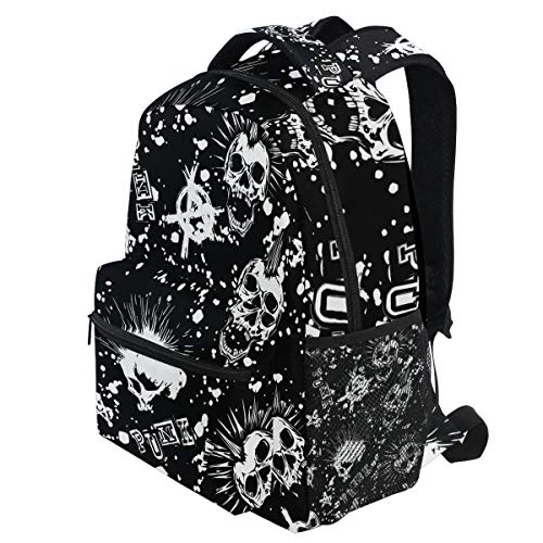 Oarencol White Punk Skull Mohawk Hair Black Vintage Backpacks Bookbags Daypack Travel School College Bag for Womens Girls Mens Boys Teens