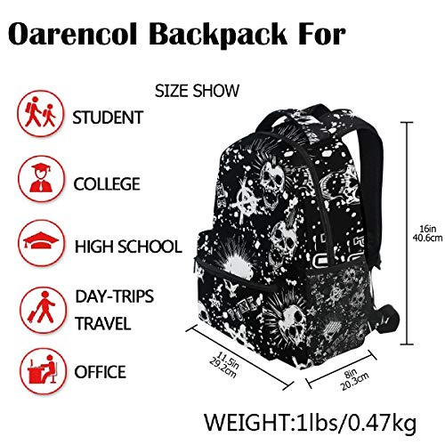 Oarencol White Punk Skull Mohawk Hair Black Vintage Backpacks Bookbags Daypack Travel School College Bag for Womens Girls Mens Boys Teens