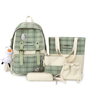 hopecn kawaii plaid backpack combo set 5pcs girls cute aesthetic backpack with canvas crossbody bag school bookbag daypack green