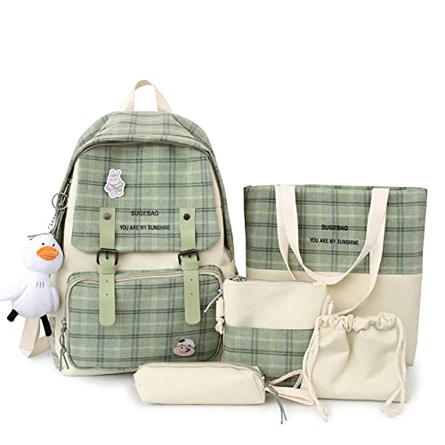 Hopecn Kawaii Plaid Backpack Combo Set 5Pcs Girls Cute Aesthetic Backpack With Canvas Crossbody Bag School Bookbag Daypack Green