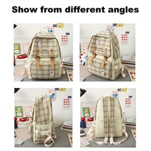 Hopecn Kawaii Plaid Backpack Combo Set 5Pcs Girls Cute Aesthetic Backpack With Canvas Crossbody Bag School Bookbag Daypack Green