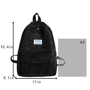 Corduroy Backpack, Travel Casual School Rucksack Daypack Capacity Book Bag Laptop Bag for Women Girls Teenage, Black 1