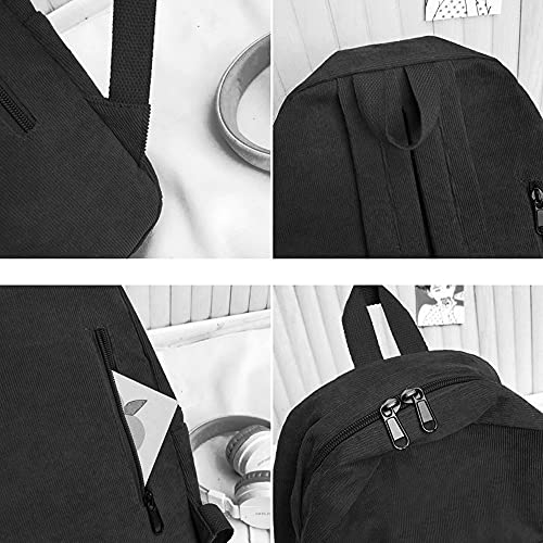 Corduroy Backpack, Travel Casual School Rucksack Daypack Capacity Book Bag Laptop Bag for Women Girls Teenage, Black 1