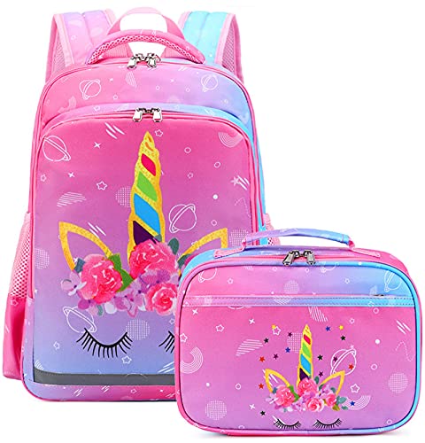 LEDAOU Kids School Backpack with Lunch Box for Girls Bookbag School Bag Preschool Kindergarten Toddler Backpack Tie Dye (Gradient Blue Purple-Cosmos)