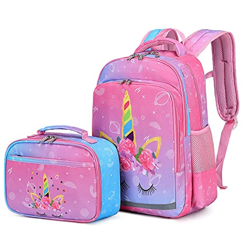 LEDAOU Kids School Backpack with Lunch Box for Girls Bookbag School Bag Preschool Kindergarten Toddler Backpack Tie Dye (Gradient Blue Purple-Cosmos)