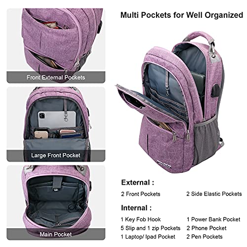 BOLANG Laptop Backpack for Men Women With USB Charging Port Business Work Travel Backpack Water Resistant College School Bookbag Fits 17 Inch Computer (8459 Purple )