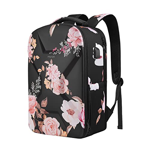 MOSISO 15.6-16 inch 35L Laptop Backpack for Women Men, Waterproof Peony Hardshell Travel Business Computer Bag College School Bookbag, Anti-Theft Daypack with USB Charging Port & Luggage Strap, Black