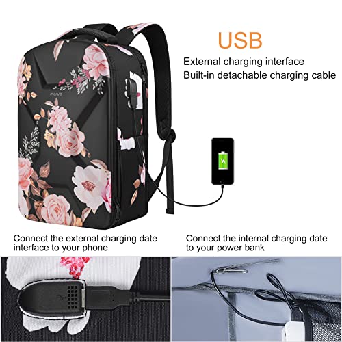 MOSISO 15.6-16 inch 35L Laptop Backpack for Women Men, Waterproof Peony Hardshell Travel Business Computer Bag College School Bookbag, Anti-Theft Daypack with USB Charging Port & Luggage Strap, Black