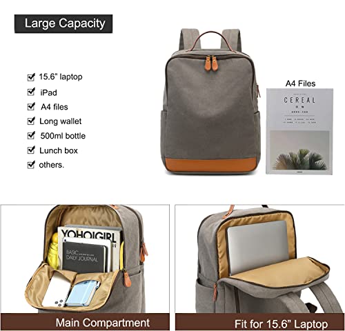 Shaelyka Canvas Laptop Backpack for Women & Men, Water-resistant Travel Backpacks Lightweight, Fit for 15.6 inches Laptop, Grey