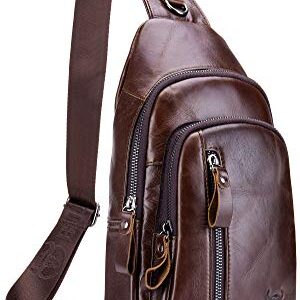 BULLCAPTAIN Genuine Leather Sling Bag,Full Grain Leather Casual Crossbody Shoulder Backpack Travel Hiking Vintage Chest Bag Daypacks for Men (Coffee)