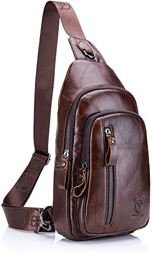 BULLCAPTAIN Genuine Leather Sling Bag,Full Grain Leather Casual Crossbody Shoulder Backpack Travel Hiking Vintage Chest Bag Daypacks for Men (Coffee)