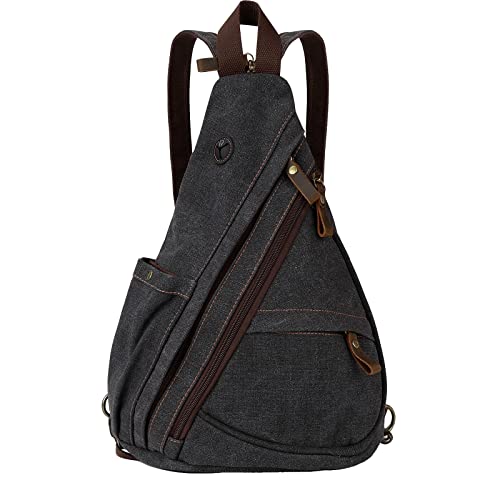 AONETIGER Small Canvas Black Sling Crossbody Backpack Shoulder Bag, Vintage Casual Daypack bag with Leather For Men Women Cycling Hiking Travel