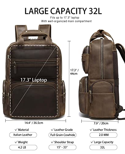 Taertii Vintage Full Grain Genuine Leather Backpack For Men 18'' Laptop Bag Large Capacity Business Weekender Travel Hiking Shoulder Daypacks Rucksack - Brown