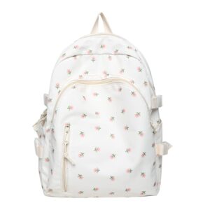 floral backpack with kawaii plush puppy pendant accessories cute multi-pockets aesthetic back to school bookbag laptop (white)
