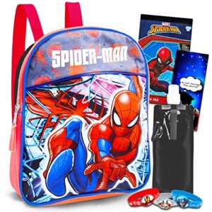 marvel shop spiderman school bag mini backpack for kids — 4 pc bundle with 11 inch marvel spiderman travel backpack for boys girls, water bottle, stickers, and more (spiderman school supplies)