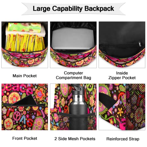 ZQYLAN Peace Sign School Laptop Backpack Colorful Floral Flower Teens School Bags Bookbag,18inch Large Water Resistant College Travel Computer Notebooks Daypack for Men Women