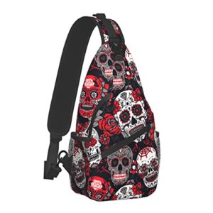 sling crossbody backpack bag chest bag for men women travel hiking daypack day of the dead colorful sugar skull