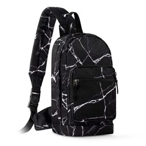 choco mocha girls sling bag for kids, travel hiking sling backpack for teen girls one strap women daypack, marble black