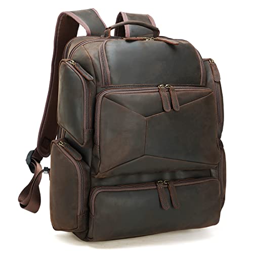 Polare Full Grain Leather Backpack Men's Business Travel Daypacks Camping Weekender Vintage College School Computer Bag Fits up to 15.6 Inch Laptop