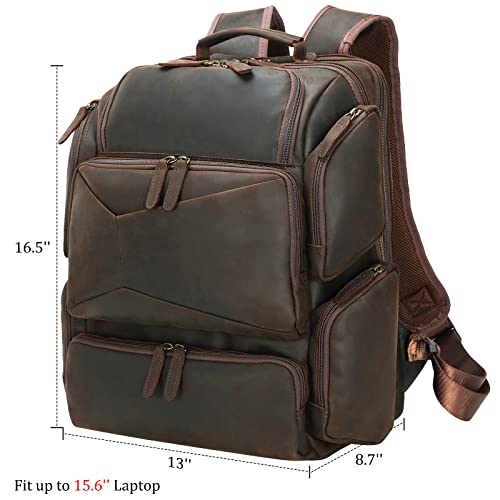 Polare Full Grain Leather Backpack Men's Business Travel Daypacks Camping Weekender Vintage College School Computer Bag Fits up to 15.6 Inch Laptop