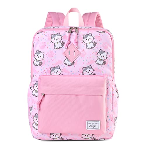 Kasqo Kids Backpack, Lightweight Water-Resistant Preschool Bookbags for Little Girls with Chest Strap, Pink Cat