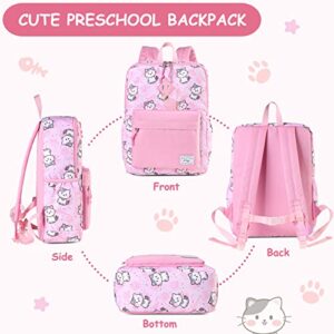 Kasqo Kids Backpack, Lightweight Water-Resistant Preschool Bookbags for Little Girls with Chest Strap, Pink Cat