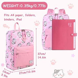 Kasqo Kids Backpack, Lightweight Water-Resistant Preschool Bookbags for Little Girls with Chest Strap, Pink Cat