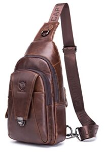 bullcaptain leather sling bag for men multi-pocket crossbody chest bag travel casual shoulder backpack (brown)