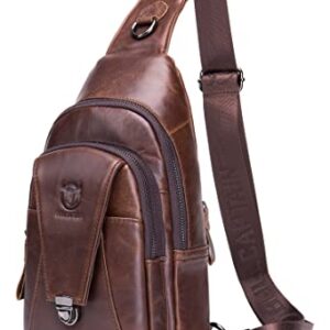 BULLCAPTAIN Leather Sling Bag for Men Multi-pocket Crossbody Chest Bag Travel Casual Shoulder Backpack (Brown)