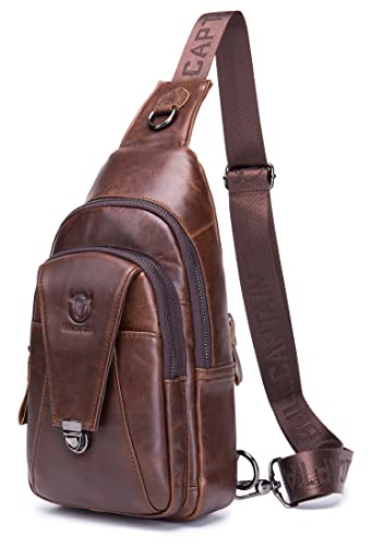 BULLCAPTAIN Leather Sling Bag for Men Multi-pocket Crossbody Chest Bag Travel Casual Shoulder Backpack (Brown)