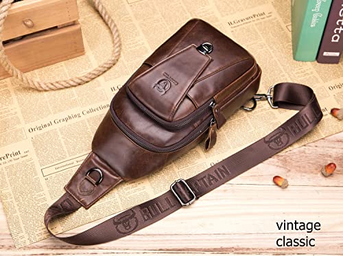 BULLCAPTAIN Leather Sling Bag for Men Multi-pocket Crossbody Chest Bag Travel Casual Shoulder Backpack (Brown)