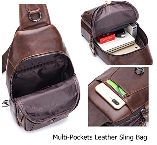 BULLCAPTAIN Leather Sling Bag for Men Multi-pocket Crossbody Chest Bag Travel Casual Shoulder Backpack (Brown)