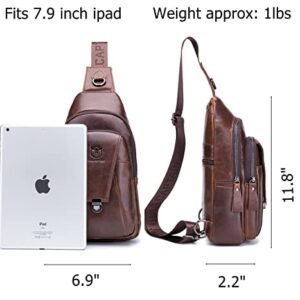 BULLCAPTAIN Leather Sling Bag for Men Multi-pocket Crossbody Chest Bag Travel Casual Shoulder Backpack (Brown)