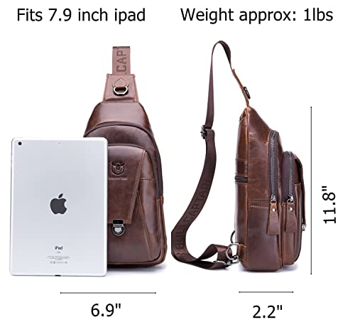 BULLCAPTAIN Leather Sling Bag for Men Multi-pocket Crossbody Chest Bag Travel Casual Shoulder Backpack (Brown)