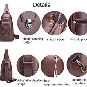 BULLCAPTAIN Leather Sling Bag for Men Multi-pocket Crossbody Chest Bag Travel Casual Shoulder Backpack (Brown)