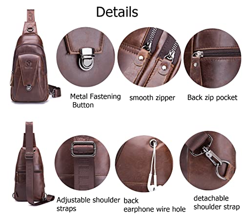 BULLCAPTAIN Leather Sling Bag for Men Multi-pocket Crossbody Chest Bag Travel Casual Shoulder Backpack (Brown)