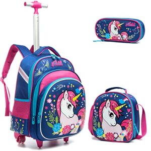 egchescebo school kids unicorn rolling backpack with wheels trolley wheeled backpacks travel bags 16′ 3pcs girls backpack with lunch box blue