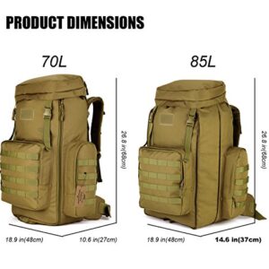 ArcEnCiel Hiking Daypacks 70-85L Tactical Travel Backpack MOLLE Rucksack Large Capacity Outdoor Bag for Travelling Trekking Camping Hunting - Rain Cover Included (Coyote Brown)