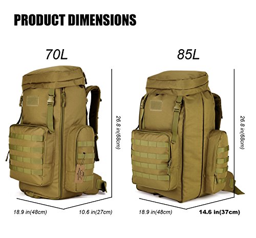 ArcEnCiel Hiking Daypacks 70-85L Tactical Travel Backpack MOLLE Rucksack Large Capacity Outdoor Bag for Travelling Trekking Camping Hunting - Rain Cover Included (Coyote Brown)