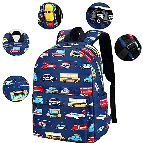 LEDAOU Toddler Kids Backpack for Boys Car Pattern Preschool Kindergarten School Backpack Bookbag School Bag with Chest Strap (Car Airplane)