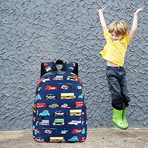 LEDAOU Toddler Kids Backpack for Boys Car Pattern Preschool Kindergarten School Backpack Bookbag School Bag with Chest Strap (Car Airplane)