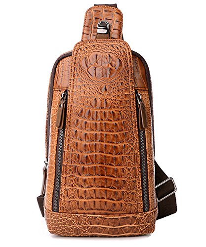 FiveloveTwo Mens Sling Bags Crocodile PU Leather Multipurpose Outdoor Shoulder Chest Bag Satchels Hiking Daypack Brown