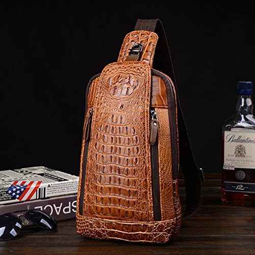 FiveloveTwo Mens Sling Bags Crocodile PU Leather Multipurpose Outdoor Shoulder Chest Bag Satchels Hiking Daypack Brown