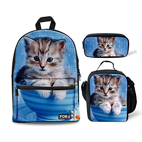 FOR U DESIGNS Kitten Cat Teens Backpack Set Canvas Girls School Bags Bookbags 3 in 1