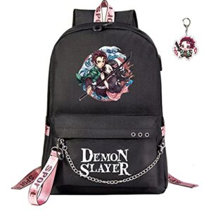 sodameow anime backpack for school bag nezuko bookbag tanjiro kimetsu no yaiba, free keychain, with usb charging port (black-b)