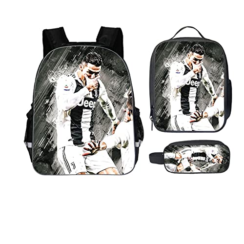 WRIGGY Kid Teen Cristiano Ronaldo 3 in 1 School Backpack,Lightweight Outdoor Rucksack with Lunch Box Pencil Case, One Size