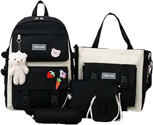 Rcuyyl Kawaii Backpack Pendants and Pins Accessories 5Pcs Set Cute Kawaii Rucksack for School Bag Cute Aesthetic Backpack 17in Travel Rucksack School Bag (Black 5pcs)