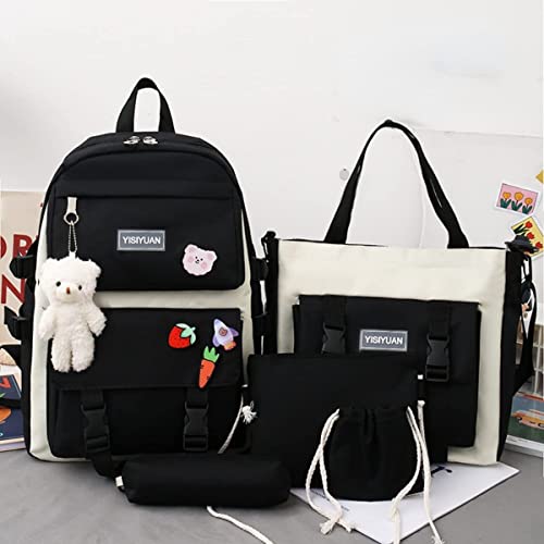 Rcuyyl Kawaii Backpack Pendants and Pins Accessories 5Pcs Set Cute Kawaii Rucksack for School Bag Cute Aesthetic Backpack 17in Travel Rucksack School Bag (Black 5pcs)