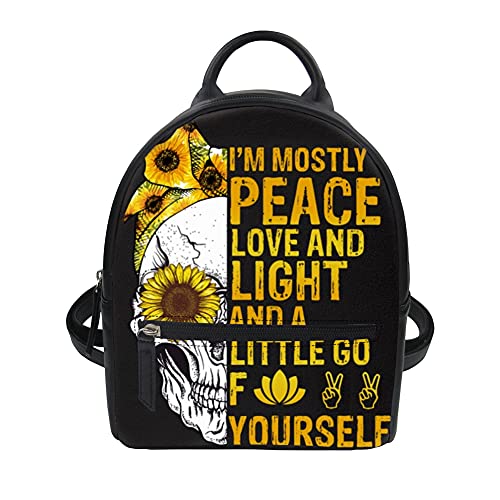 HUGS IDEA Sunshine Sunflower Skull Print Mini Leather Backpack Purse for Women Ladies with Shoulder Straps Casual Dailypacks