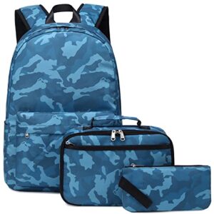 boys backpacks for elementary middle school kids bookbags with lunch box pencil bag camo travel back pack for boys (blue-camouflage)